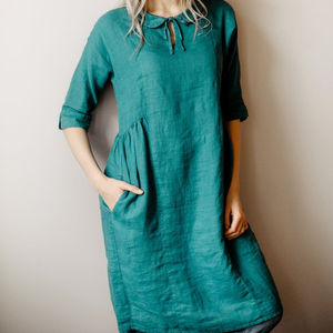 Nouvelle arrivée, robe en lin mi-longue à col rabattu et manches courtes, tendance, dernier design, couleur menthe, tissu crêpe - Product Image 1