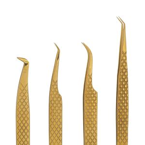 Juego de 4 pinzas profesionales japonesas para extensiones de pestañas de acero inoxidable, agarre de diamante, herramientas de belleza puntiagudas doradas, pestañas privadas - Product Image 2