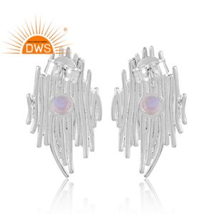 หินอัญมณีสีรุ้งดวงจันทร์ธรรมชาติดีไซน์ทำด้วยมือต่างหูแบบเม็ดกลมพื้นผิวสีเงินแท้ผู้ผลิตเครื่องประดับ - Product Image 4