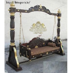 Traditional Heavy Carved Oonjal for Living Area Modern Carved Teak Wood Porch Swing Teak Wood Two Seater Swing for Home - Product Image 1