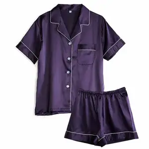 Women's Silk Satin Sleepwear Short Sleeve Pajamas Set Comfort Nightwear
