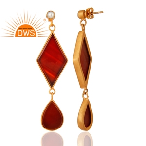 Natural Pearl <b>Red</b> Onyx Gemstone <b>Earring</b> Dangle Designer Silver Gold Plated <b>Earring</b> Women's Gemstone Jewelry Manufacturer - Product Image 3