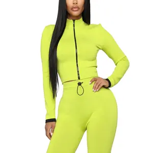 Conjunto de duas peças feminino neon, verde e rosa, roupa de treino, duas peças, top e calças, calças para motociclistas, corridas roupas