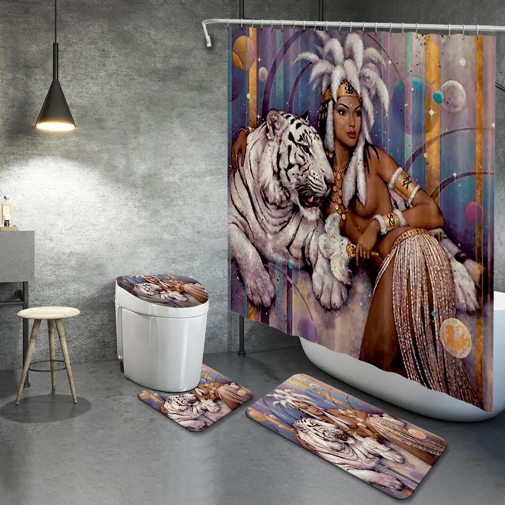 Hot Selling Polyester Digital Printing Designers Geometric Unique Marble African Shower Curtains Set 4 Pieces Bathroom