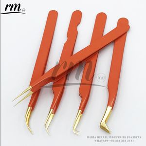 Pinzas rusas de punto de volumen para extensiones de pestañas, zanahoria naranja con punta dorada brillante, logotipo personalizado, embalaje de acero inoxidable - Product Image 5