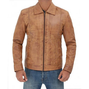 Veste de moto pour homme en cuir véritable, col montant, imperméable, respirante, écologique, hiver, avec fermetures éclair - Product Image 1