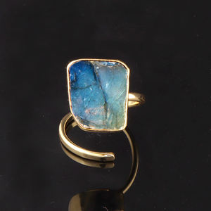 Bague en pierres précieuses de haute qualité labradorite fougueuse naturelle bague réglable ouverte avant bague en laiton plaqué or bague de réglage - Product Image 2