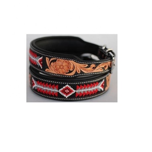 Highest Quality Soft Padded Leather Dog <b>Collar</b> With Hand Carved and Beaded Design Manufacturer - Product Image 1