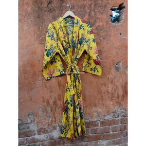 Yellow Floral Hand Block Print Hippie & Bohemian Maxi Wholesale Beachwear Women's Nighty Indian Long Robe Gown Kimono - Product Image 4