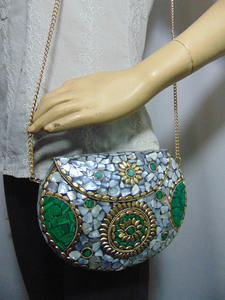 Wholesale Silver <b>Wedding</b> Party Ladies Elegant Metal <b>Clutch</b> Bag Indian Ethnic Bohemian Style Chain Strap Mosaic Pattern 1L - Product Image 3