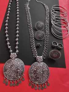 Very Beautiful German Silver 2 Piece Pendant Set With Stud , Ring , Nosepin , Toering , and 10 Pc Kada in M CREATION - Product Image 2