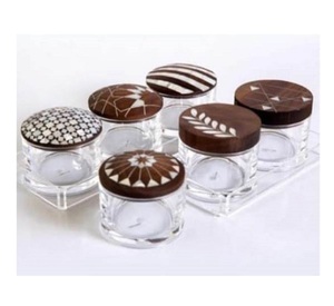 Ensemble de 3 pièces en bois d'acacia brun, plateau à incrustations, pot en acrylique, nacre, service de dessert, qualité certifiée EPCH, best-seller - Product Image 6