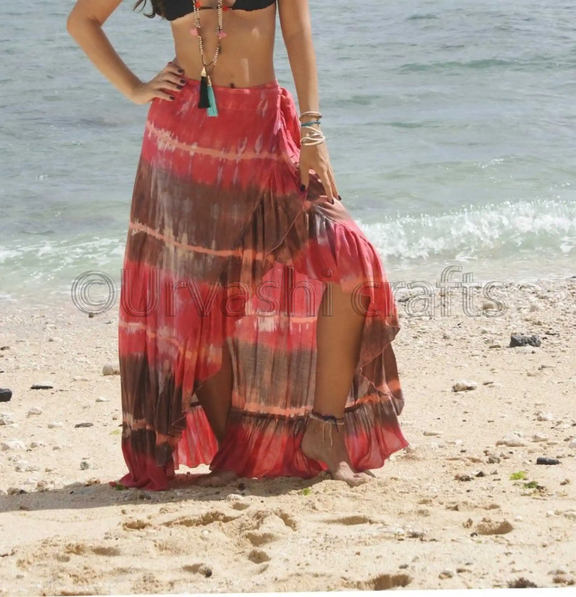 Beli Online dari Produsen Langsung Rok Lilit Wanita Model Boho Beach Tie Dye Bohemian Frill Rok Panjang Kasual