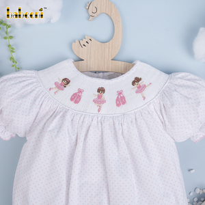 Babeeni 100% Cotton Hữu Cơ Thêu Ballerinas Trắng Với Nhỏ Màu Hồng <span class=keywords><strong>Dot</strong></span> Bé Cô Gái Smocked Romper Set-BB2005 - Product Image 1