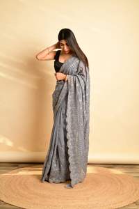 Mayorista de Saris en Calcuta, Sari Azul Bordado a Mano en Georgette - Product Image 5