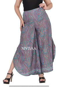 Đẹp màu tím bên cắt thiết kế Bohemian Paisley in lụa <span class=keywords><strong>viscose</strong></span> vải quần plazo Kích thước miễn phí plazo quần cho phụ nữ - Product Image 3