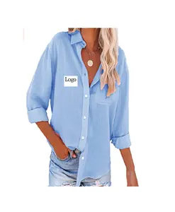 Camisas de algodón con botones para mujer, blusas de manga enrollada con cuello en V, blusas informales de Color sólido con bolsillos