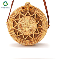 Penjualan Panas Galaximex Tas Tangan Bulat Anyaman Rotan Buatan Tangan dengan Kulit Warna Alami Desain Kustom 20x7cm untuk Wanita Grosir
