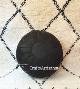 Black Leather <b>Pouf</b> With, Moroccan <b>Pouf</b> Ottoman Floor Leather - Product Image 1