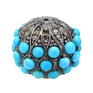 Pave Diamond Turquoise Spacer Ball Findings 925 Sterling Silver Jewelry Accessories Wholesaler