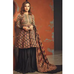 light brown black colour girl 3 peace kameez shalwar dress lawn amazing hot selling Pakistan ladies suit Indian autum ware