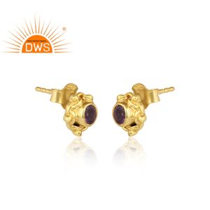 Boucles d'oreilles rondes plaqué or jaune, livraison gratuite, fournitures de bijoux en argent 925, améthyste naturelle, pierres précieuses - Product Image 2