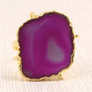 Polished natural purple geode agate slice ring large slice electroplating ring fine jewelry ring for gift