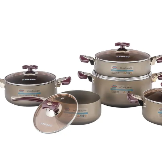 Sản phẩm hot Chất lượng cao Anodized nhôm 4 chậu và 1 Sauce Pan với Glass Nắp Cookware Set