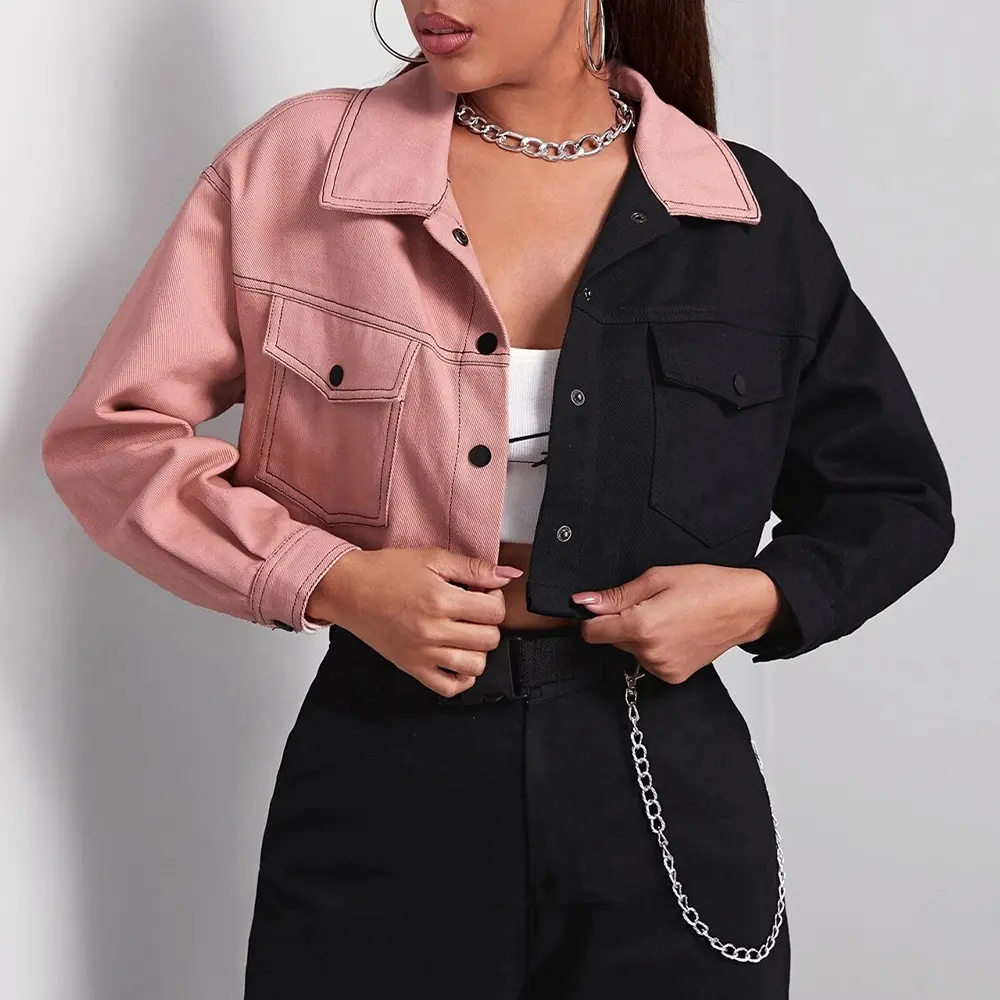 2021 Fashion color block patch work pink blue cropped cut up crop top custom denim jeans jacket women for ladies