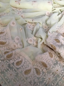 Ropa de boda de diseñador lucknosi para mujer, Saree rosa claro con blusa - Product Image 5