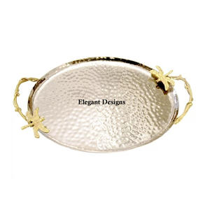 Plateau à aliments décoratif en acier inoxydable pour mariage Plateau de forme personnalisée de haute qualité Poignée en laiton classique Plat de service en gros - Product Image 1