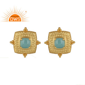 Pendientes de Calcedonia Aqua, Joyería Chapada en Oro, Textura Martillada, Pendientes de Plata 925, Proveedores de Colección Clásica - Product Image 1