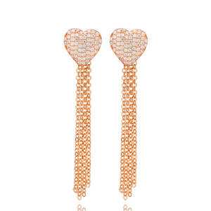<b>Heart</b> Tassel Chain Design Zircon Stone Jewelry Turkish Handmade 925 Sterling Silver <b>Earrings</b> - Product Image 2