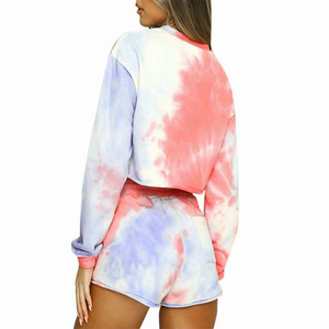 Ensemble d'été multicolore pour femmes, top court à col rond et manches longues avec cordon coulissant - Product Image 5