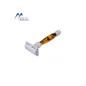 มีดโกนหนวดปรับระดับได้ ใบมีดเดี่ยว สแตนเลส สีเงิน ดีไซน์ผีเสื้อ ด้ามจับทองเหลือง สำหรับผู้ชาย - Product Image 1