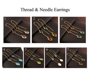 Brass 24k gold plated needle thread <b>earring</b> lovely faceted cut aqua chalcedony & white agate drop <b>dangle</b> <b>earrings</b> gift for woman - Product Image 2