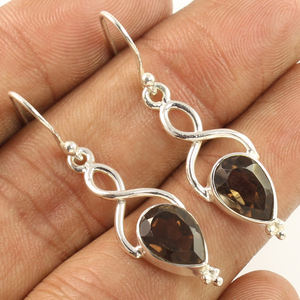 Quartz fumé naturel solide 925 argent Sterling meilleur vendeur poire coupe facettes pierres précieuses lunette ensemble boucle d'oreille bijoux cadeau pour elle - Product Image 1