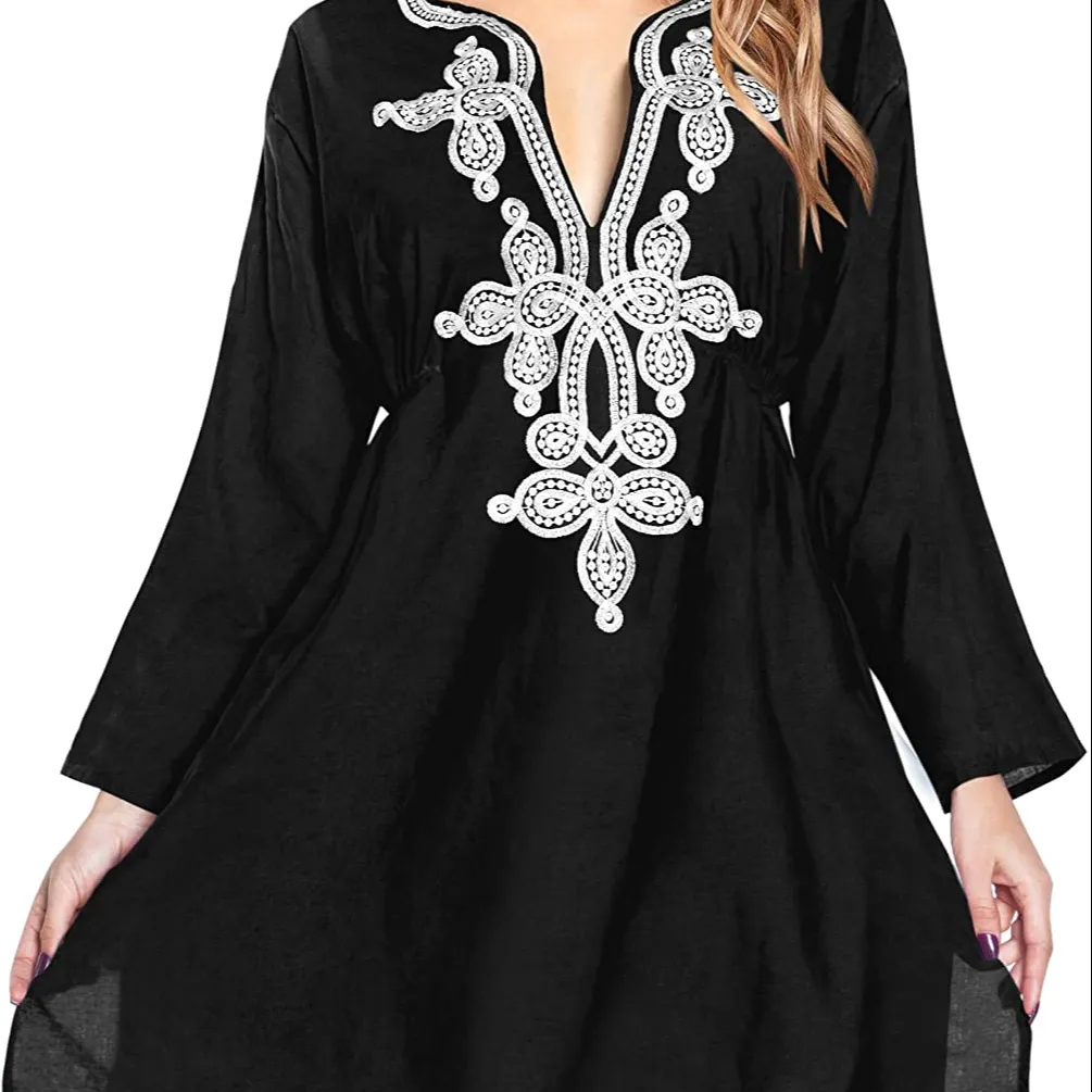 Wholesale Fashionable Women's Embroidered Trim Neck Cover Up Midi Dress Boho Summer Tunic top