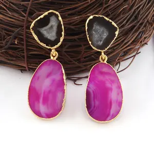 Fashion girls new designs earring natural black geode druzy & purple slice agate 24k gold electroplating drop dangle earrings