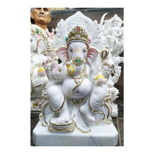 Escultura de sentado de mármol pulido, Blanco religioso, Ganesha - Product Image 1