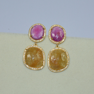 Pendientes de GEMA de zafiro rosa y amarillo elegante, Plata de Ley 18k, oro plateado, rosa, para proveedor al por mayor - Product Image 4