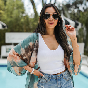 กิโมโนชายหาดฤดูร้อนโบฮีเมียนทำด้วยมือมัดย้อมครึ่งแขนเรยอนกิโมโน - Product Image 1