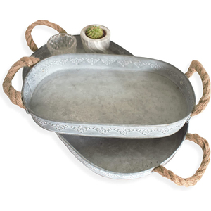Bandeja para servir alimentos de metal galvanizado de forma ovalada con acabado pulido y asas de cuerda de grado comercial hecho a mano - Product Image 1