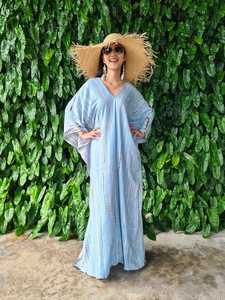 2022 nuevo vestido caftán de algodón de verano para mujer Floral Tie-Dye Maxi ropa de playa Sexy traje de manga hasta el suelo cintura Natural - Product Image 2