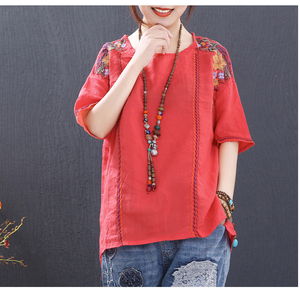 Nuevas llegadas, Túnica informal elegante para mujer, Top de manga corta, cuello redondo, patrones tejidos, tela teñida natural lisa de alta calidad - Product Image 4