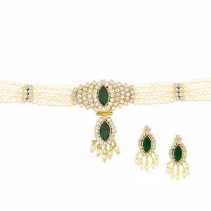 Indiase Crystal Sieraden Faux Parel Kralen Traditionele Vergulde Bridal Choker Sieraden Set Voor Vrouwen, Groen