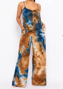 Venta al por mayor de las mujeres de color azul Tie Dye con cuello en V Mono Ecológico Tejido Sexy Monos hasta el suelo - Product Image 5