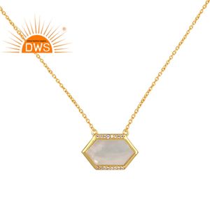 Collier chaîne plaqué or pour femmes, 18k, bijoux CZ et mère de perle, en pierre précieuse, vente en gros - Product Image 1