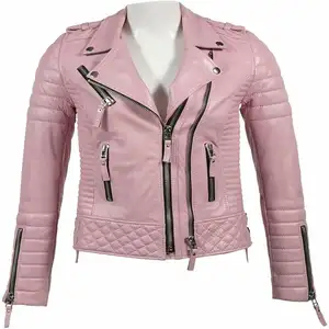 Full fashionable soft leather jacket for women (pink)