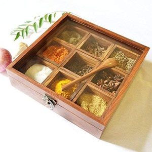 Masala Box DabbaLock Wooden Spice Rack ContainerUtility Box Hand Crafted Square Spice Box